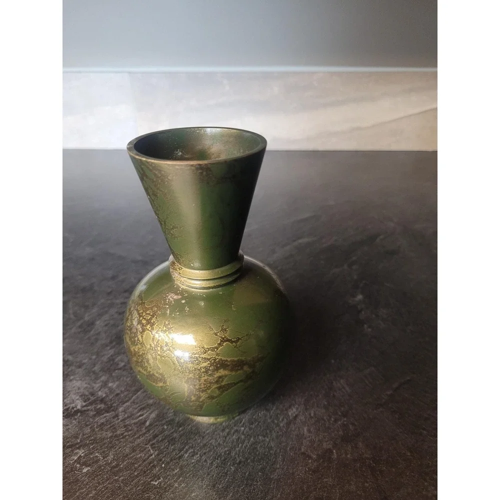 Vintage Miniature‎ Brass Bud Vase Green Gold Enamel Verdigris Trumpet Neck 4.5